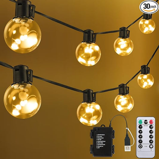 Outdoor String Lights Battery Operated, 22ft 20 LED Bulbs Hanging Lights Dimmable with Timer, Globe Bulb Shatterproof & Waterproof for Outdoor Indoor Patio Backyard Balcony Decor - Warm White