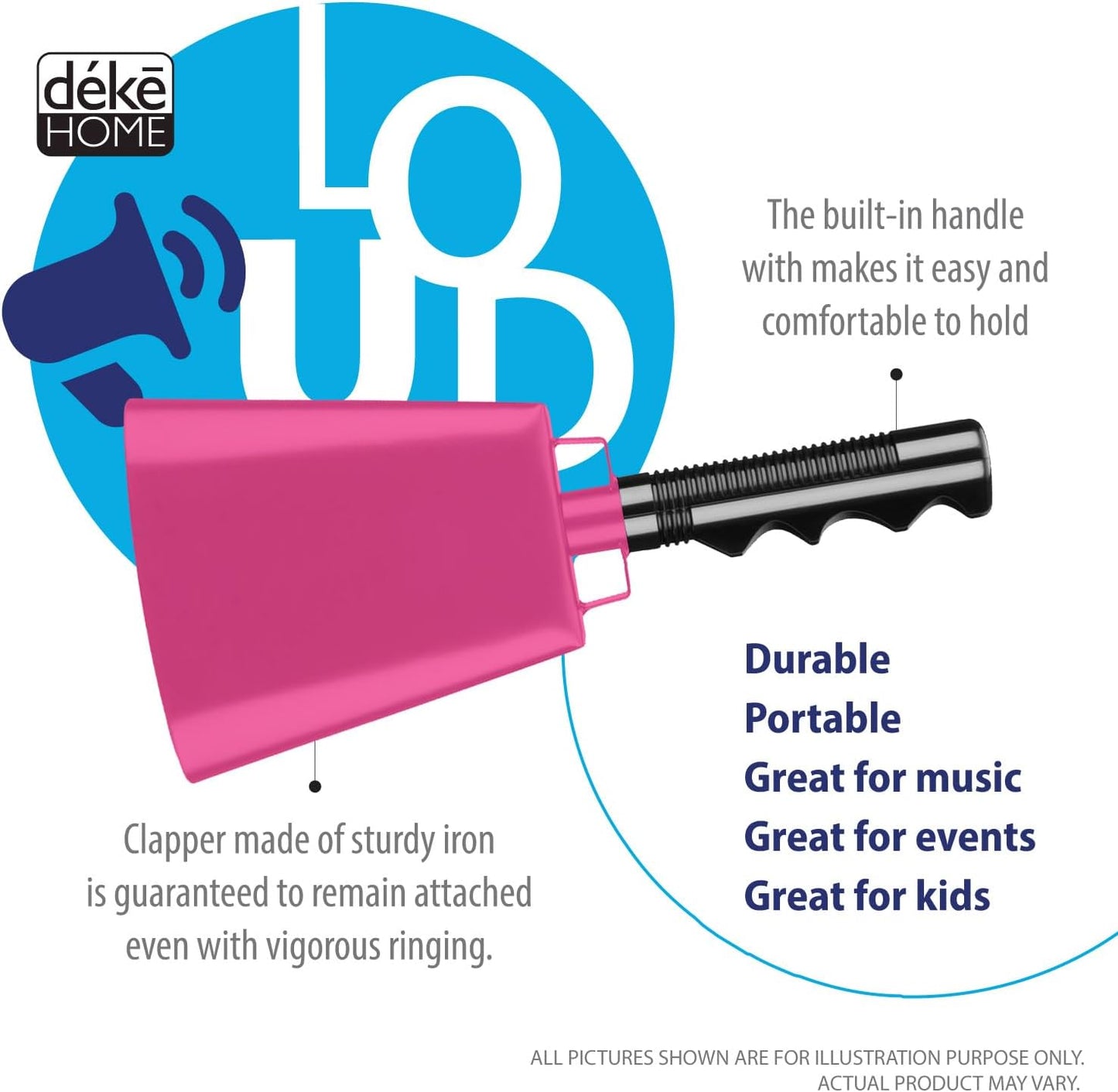 Deke Home - 2 Pack 10 Inch Steel Cowbells with Handle, Loud Noise Makers for Football, Sports, Parties, Competitions, School Spirit & Safety, Large Hand Bell for Cheering & Percussion Instrument