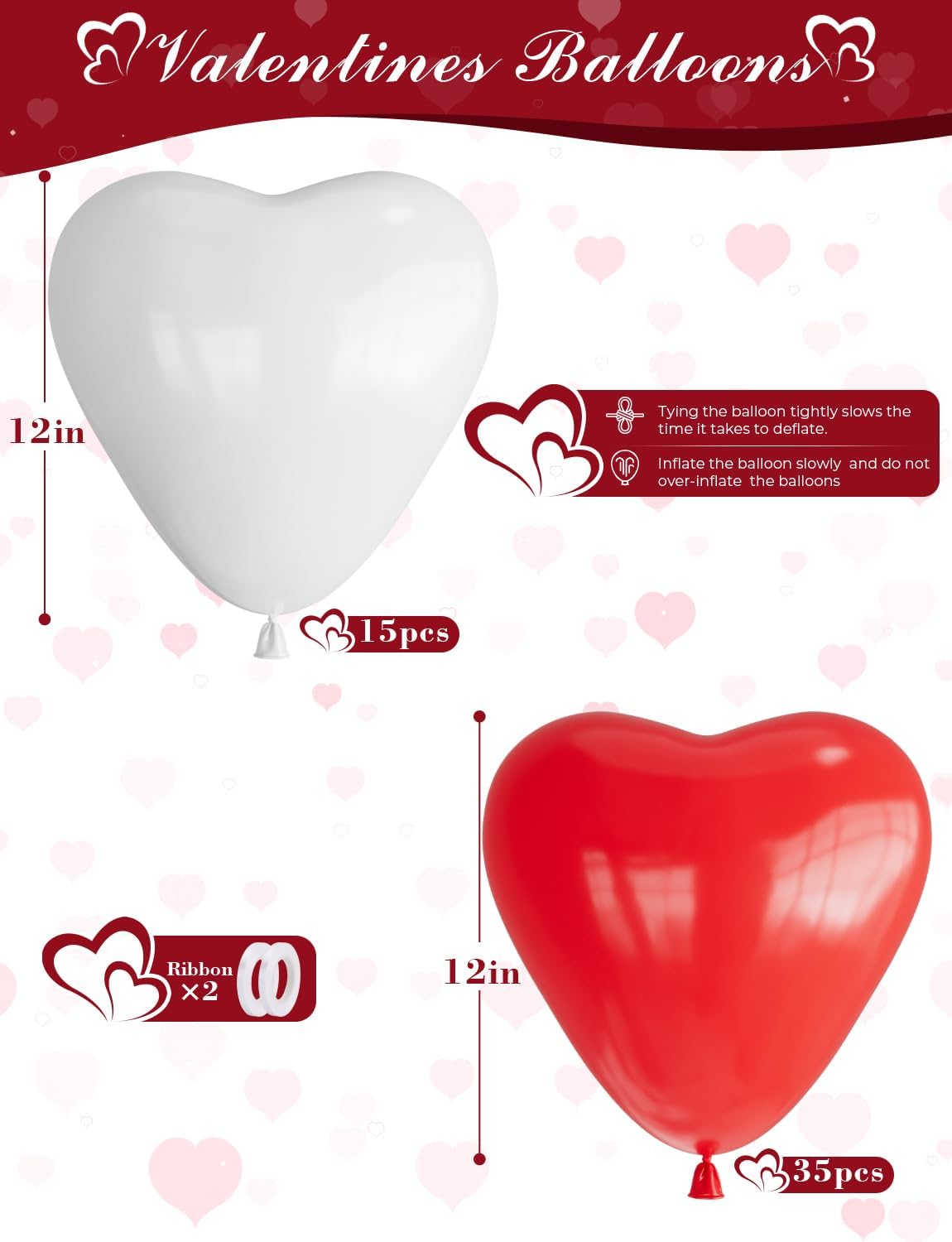 Red and White Heart Balloons - 50 Pcs Heart Shaped Balloons for Romantic Decoration, Wedding, Anniversary, Engagement, Birthday Party, Love Events