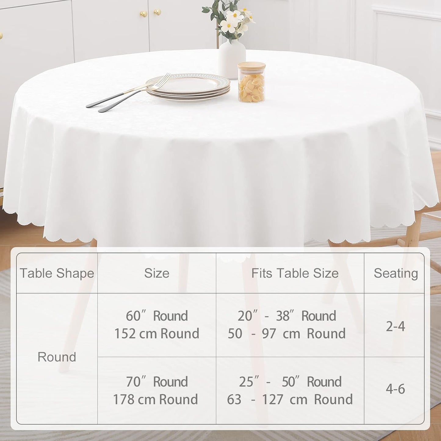 Smiry Round Table Cloth, Waterproof Heavy Duty Vinyl Tablecloths, Wipeable Washable Table Cover for Kitchen and Dining Room (White, 60" Round)