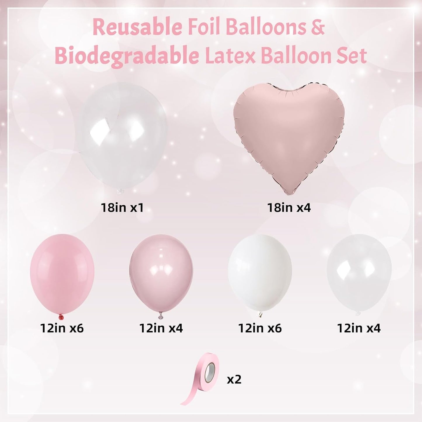 Pastel Pink and White Balloons Heart Shape Balloons, Light Baby Dusty Pink White Coquette Party Decorations with 18 inch Clear Heart Mylar Balloon for Princess Girl Just Want to Be One Birthday Decor