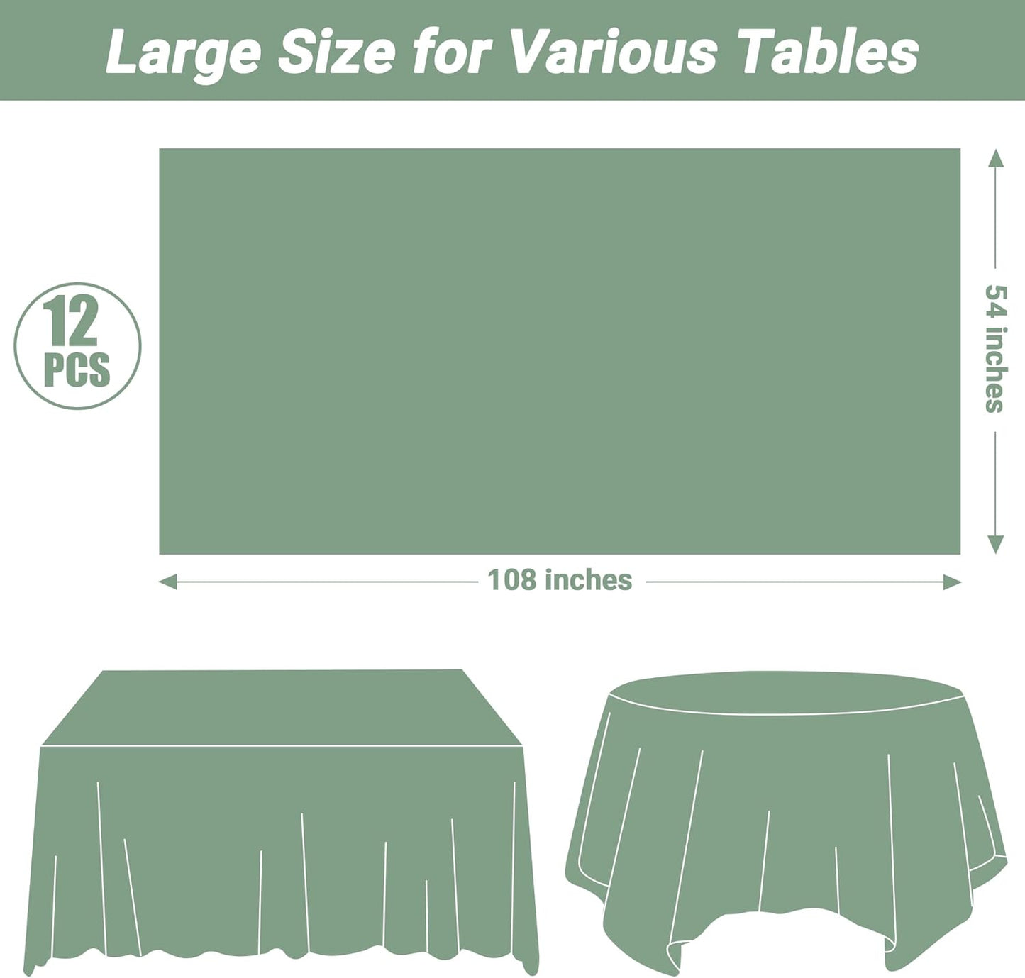 QZYL 12 Pcs Rectangle Tablecloth, 54 X 108 Inches Plastic Table Cover, Sagegreen Disposable Table Cloth Party Decorations, Robust Table Cover Birthday Party, Baptism Decorations and Home Essentials