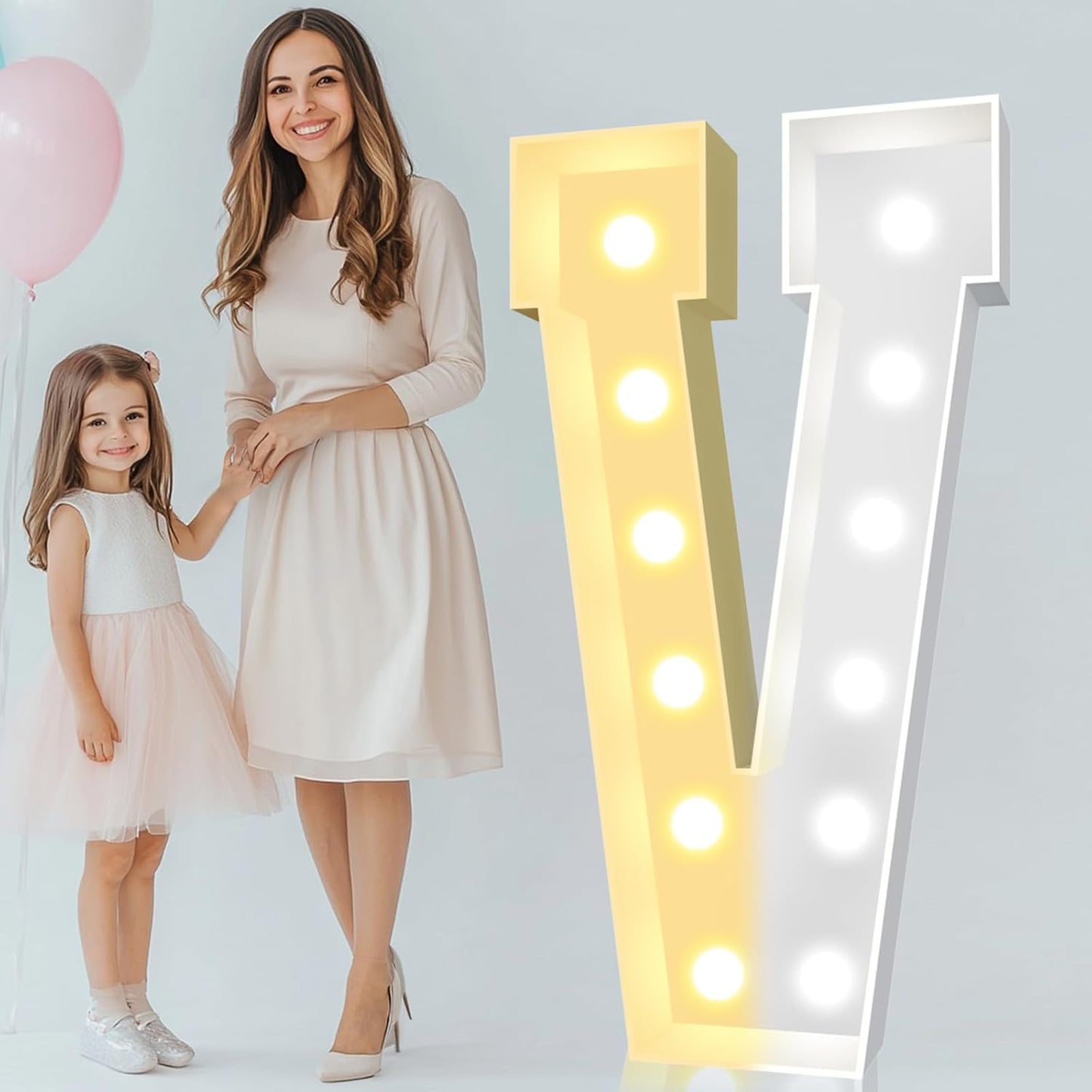 Pooqla 4 FT Marquee Light Up Letters, Cool White and Warm White Giant LED Sign Marquee Letter 4 Feet Tall，Big Mosaic Letter V for Balloons Birthday Party Anniversary Wedding Decorations