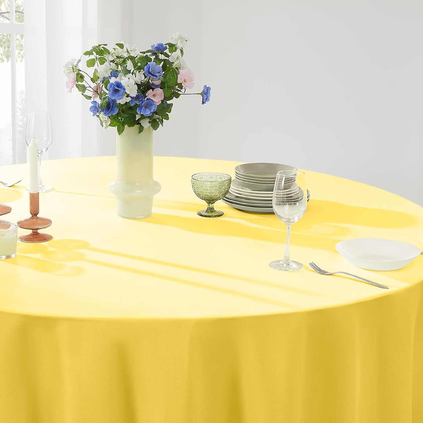 Round Tablecloth 2 Pack 108 Inch Yellow Tablecloths Washable Decorative Linen Polyester Table Clothes Cover for Dining Table Banquets Buffet Parties and Wedding