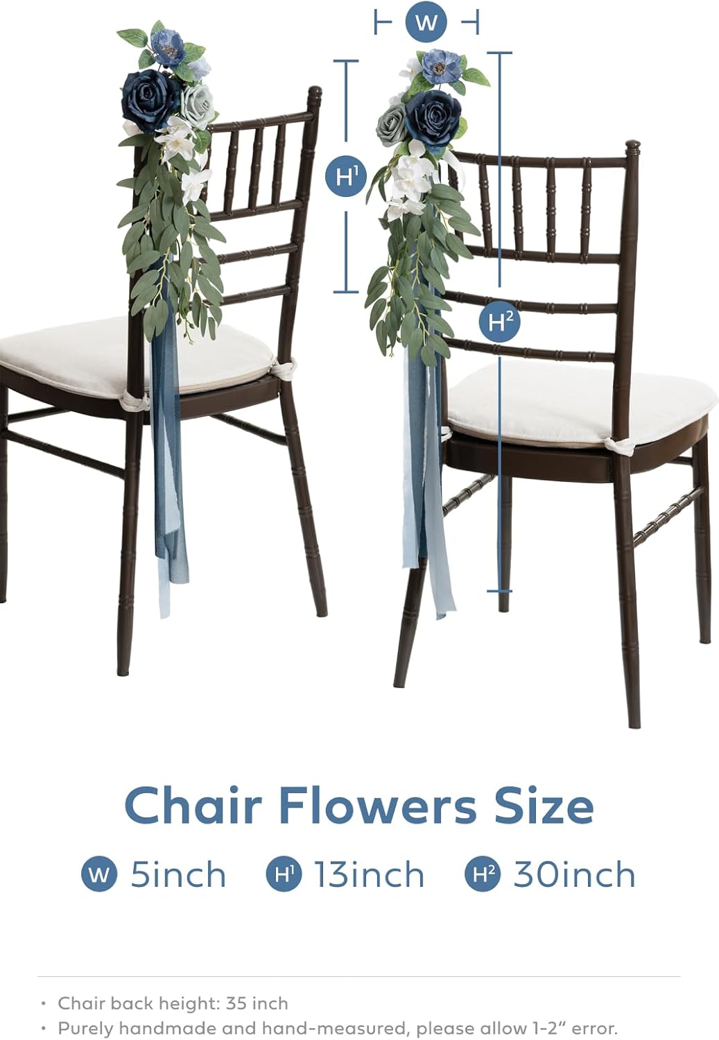 Ling's moment 8pcs Wedding Artificial Aisle Pew Flowers Chair Decorations Arrangements with Chiffon Ribbons Dusty Blue & Navy for Ceremony Chair Back Floral Decor Reception Church Party Outdoor