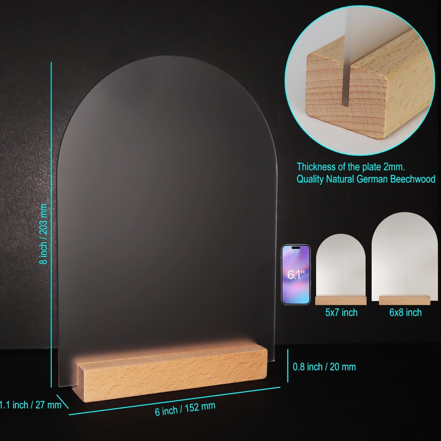 Frosted Blank Arch Acrylic Sign with Wooden Stands - 10 Pack DIY Customizable Sign Kit for Wedding Table Numbers, Restaurant Party Bridal Shower (6x8 Inch)