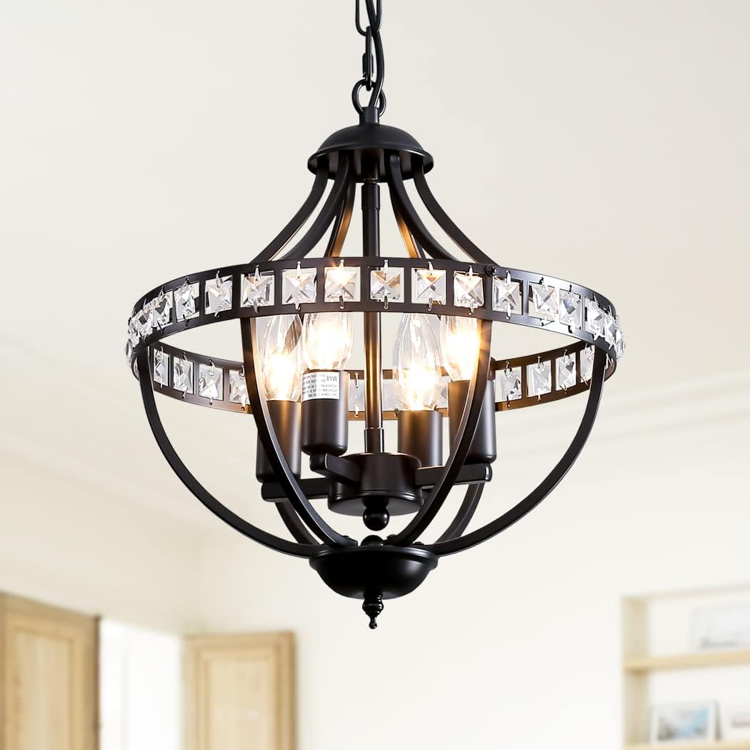 Crystal Chandelier Light Fixtures, 4-Lights Farmhouse Rustic Vintage Black Pendant Hanging Lighting Ceiling Chandeliers for Kitchen Island Dining Room Living Room Bedroom Foyer Hallway