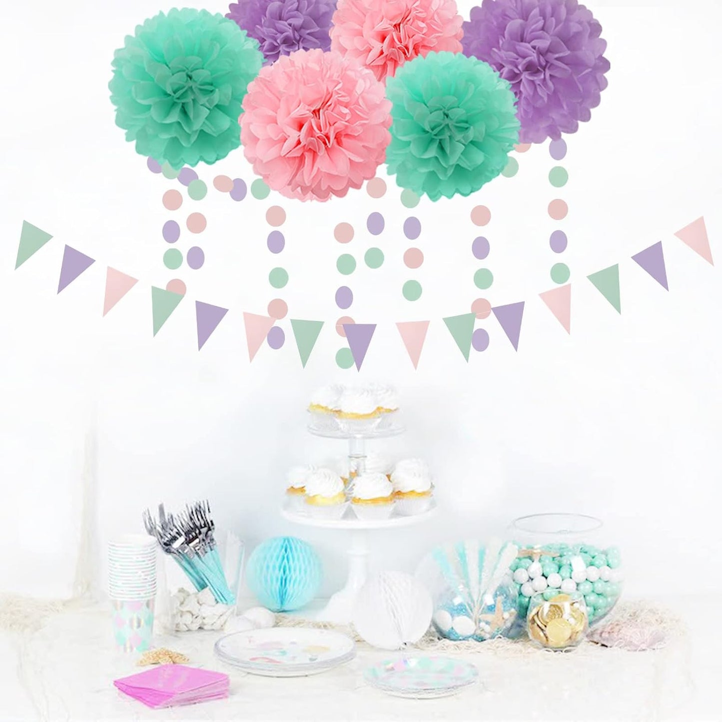 Pink-Purple Mint Mermaid Ocean-Themed Party-Decorations - 23pcs Tissue Pom Poms Streamers,Birthday Tassel Garland Banner,Wedding Engagement Baby Bridal Shower Decor Ouruola