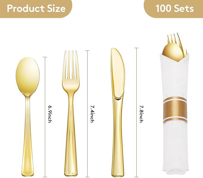 Goodluck 100 Pack Pre Rolled Gold Plastic Silverware, Wrapped Plastic Cutlery Set with Napkin Include 100 Forks, 100 Knives, 100 Spoons and 100 Napkins, Disposable Silverware for Party, Wedding