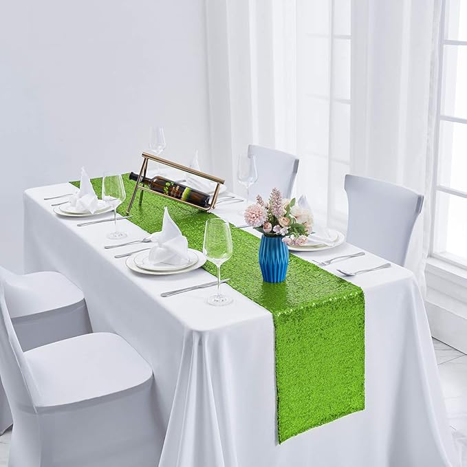 6 Packs 12 x 72 inches Green Sequin Table Runner, Glitter Runner for Birthday Party Supplies Decorations Wedding Bachelorette Holiday Celebration Bridal Shower Baby Shower