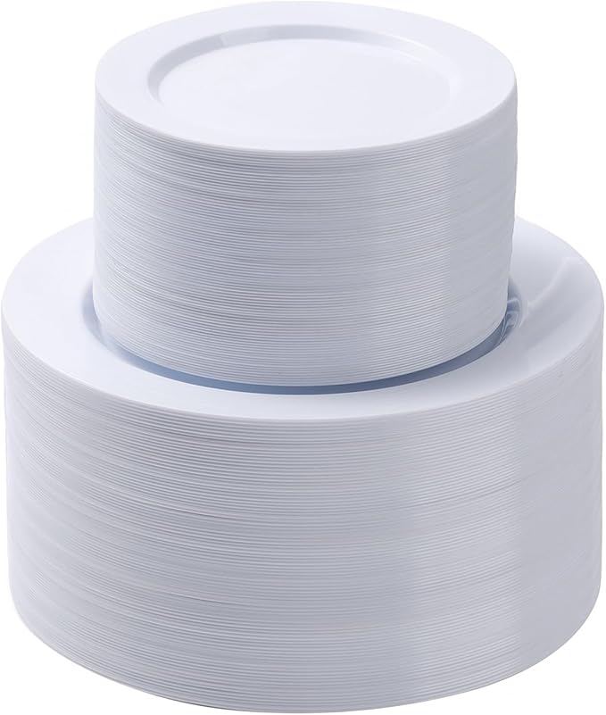 BESTSTAR 200PCS White Plastic Plates Set, 100 10.25 inch Dinner Plate and 100 7.5 inch Dessert Plates, Premium Disposable Plates for Party, Wedding