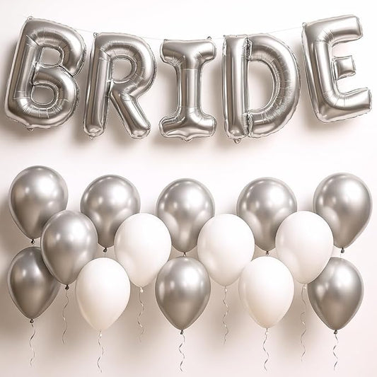 KatchOn, 27pcs Silver Bride Balloons Set - 16 Inch | Silver & White, for Bachelorette Party Decorations | Bridle Shower | Bride and Latex Balloons | bride Balloon Bachelorette