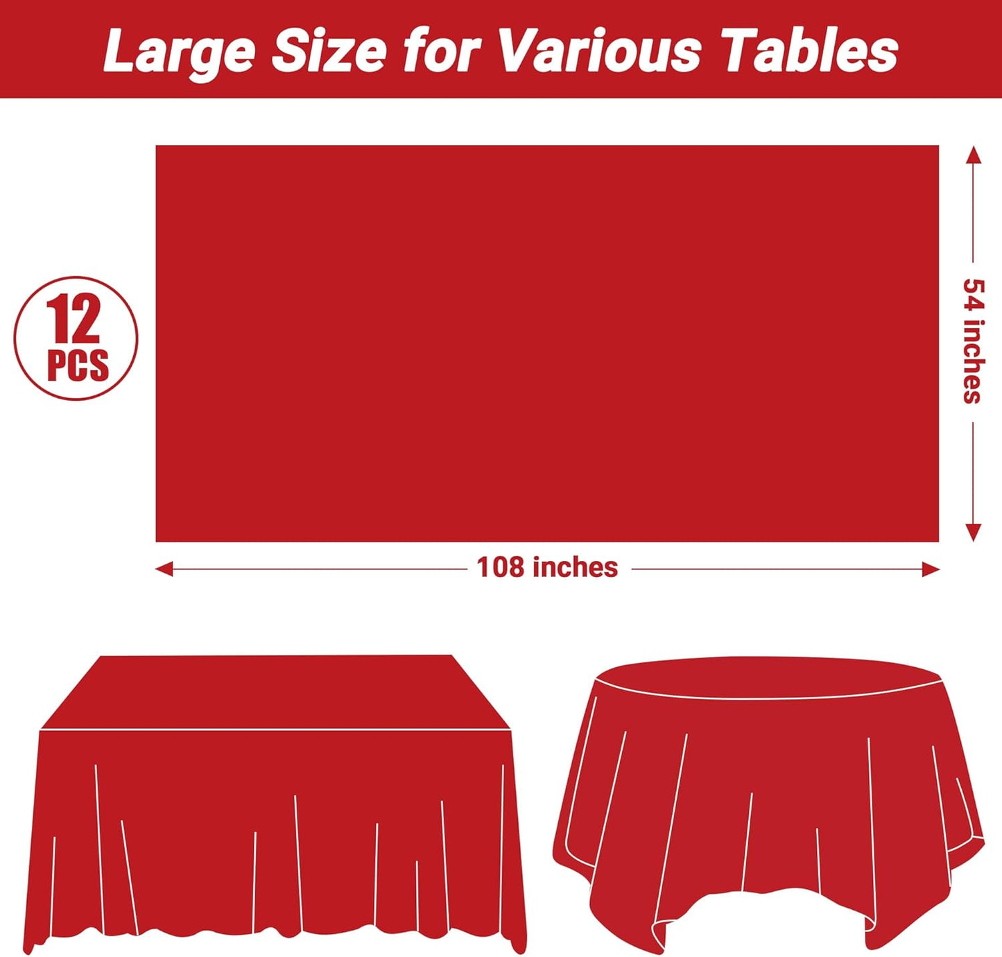 12 PCS Red Disposable Plastic Tablecloth, Party Red Plastic Table Cloth Disposable, Waterproof Smooth Table Cover, 54 X 108 IN Table Cloth Rectangle Table for Outdoor Events Birthdays Weddings Picnics