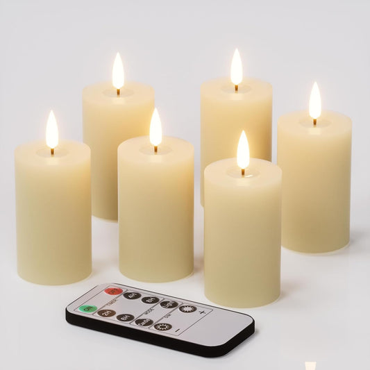 Flameless Candles with Remote Timer, 6 PCS Real Wax LED Votive Battery Operated Candles with 3D Flame, Flickering Pillar Candles for Christmas Home Decororations(Ivory, 4.5” x 1.9”)