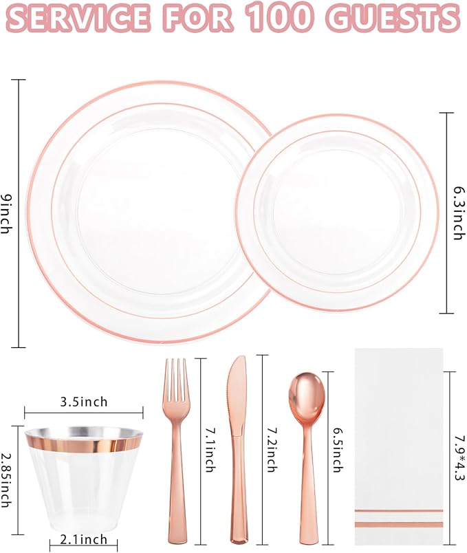 GATHER 700PCS Rose Gold Plastic Plates - Clear Rose Gold Rim Disposable Dinnerware Set Includes 200 Plates, 300 Silverware, 100 Napkins, 100 Cups for Party & Wedding & Valentine's Day