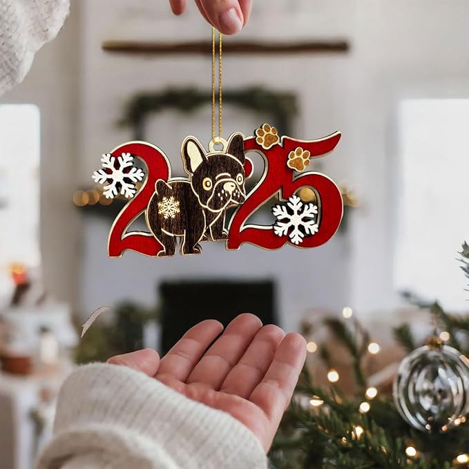 Black French Bulldog 2025 Christmas Ornament – Cute Wooden Dog Tree Decoration with Snowflakes & Paw Prints for Frenchie Lovers, Pet Owner Christmas Décor