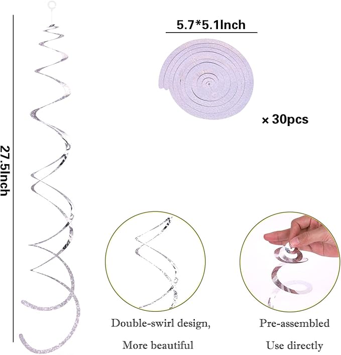 30 Pieces Silver Swirl Hanging Decorations, Shimmer Plastic Streamer Foil Swirls for Ceiling, Photo Booth Props Party Supplies for Birthday Wedding Baby Shower Engagement Disco Holiday Decorations