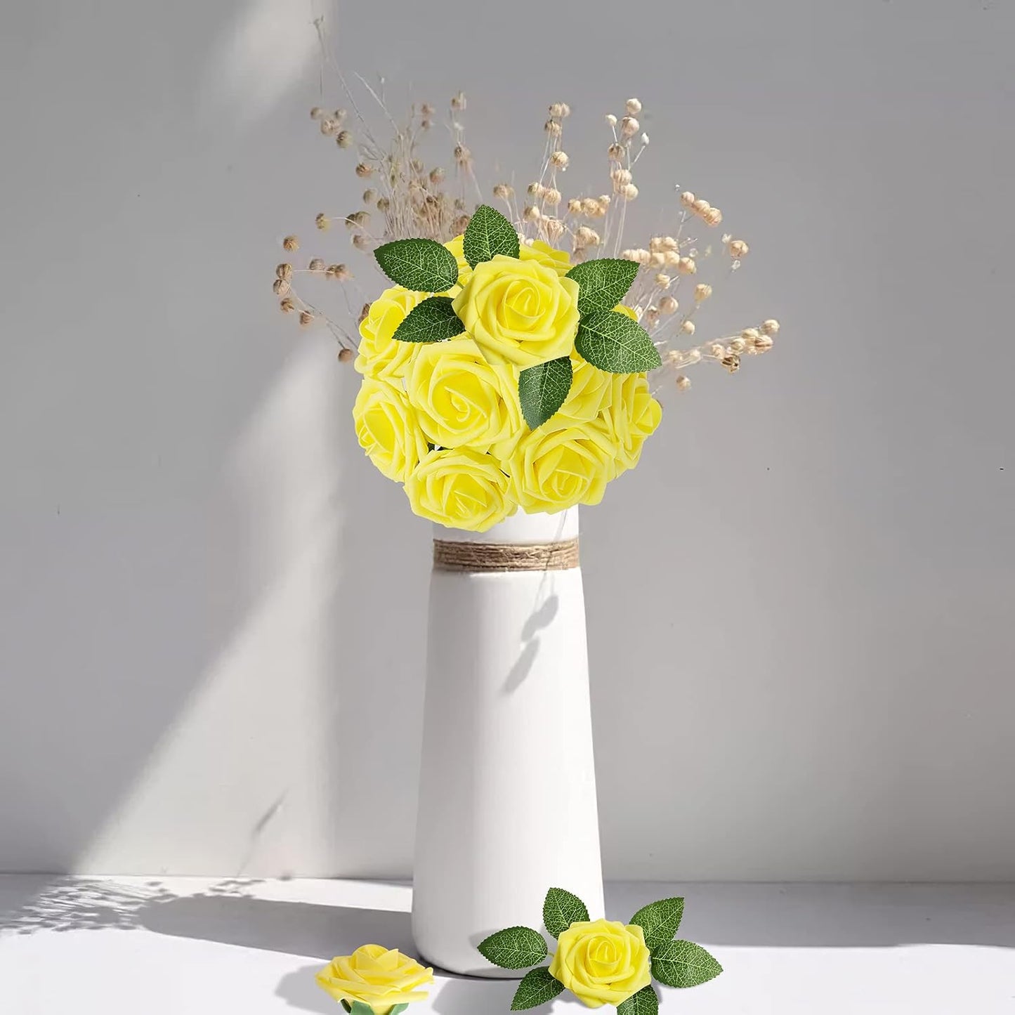 AmyHomie Artificial Flower Yellow Rose 25pcs Real Looking Fake Roses w/Stem for DIY Wedding Bouquets Centerpieces Arrangements Party Baby Shower Home Decorations