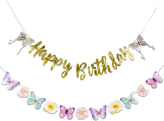 SUNBEAUTY Butterfly Happy Birthday Banner Butterfly Birthday Garden Party Decorations Fairy Party Decoration Summer Flowers Banner | Pre-Strung