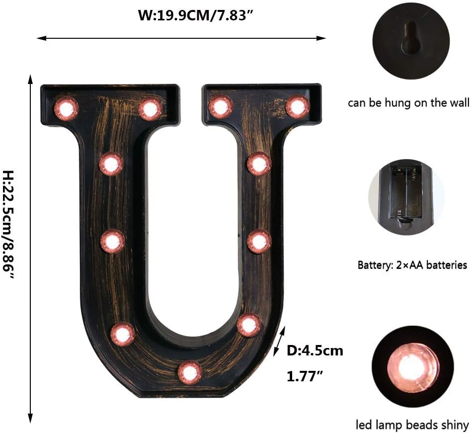 OYCBUZO Golden Black Led Marquee Letter - Industrial, Vintage Style Light Up Alphabet Letter Sign for Cafe Wedding Birthday Party Christmas Lamp Home Bar Initials Decor - U