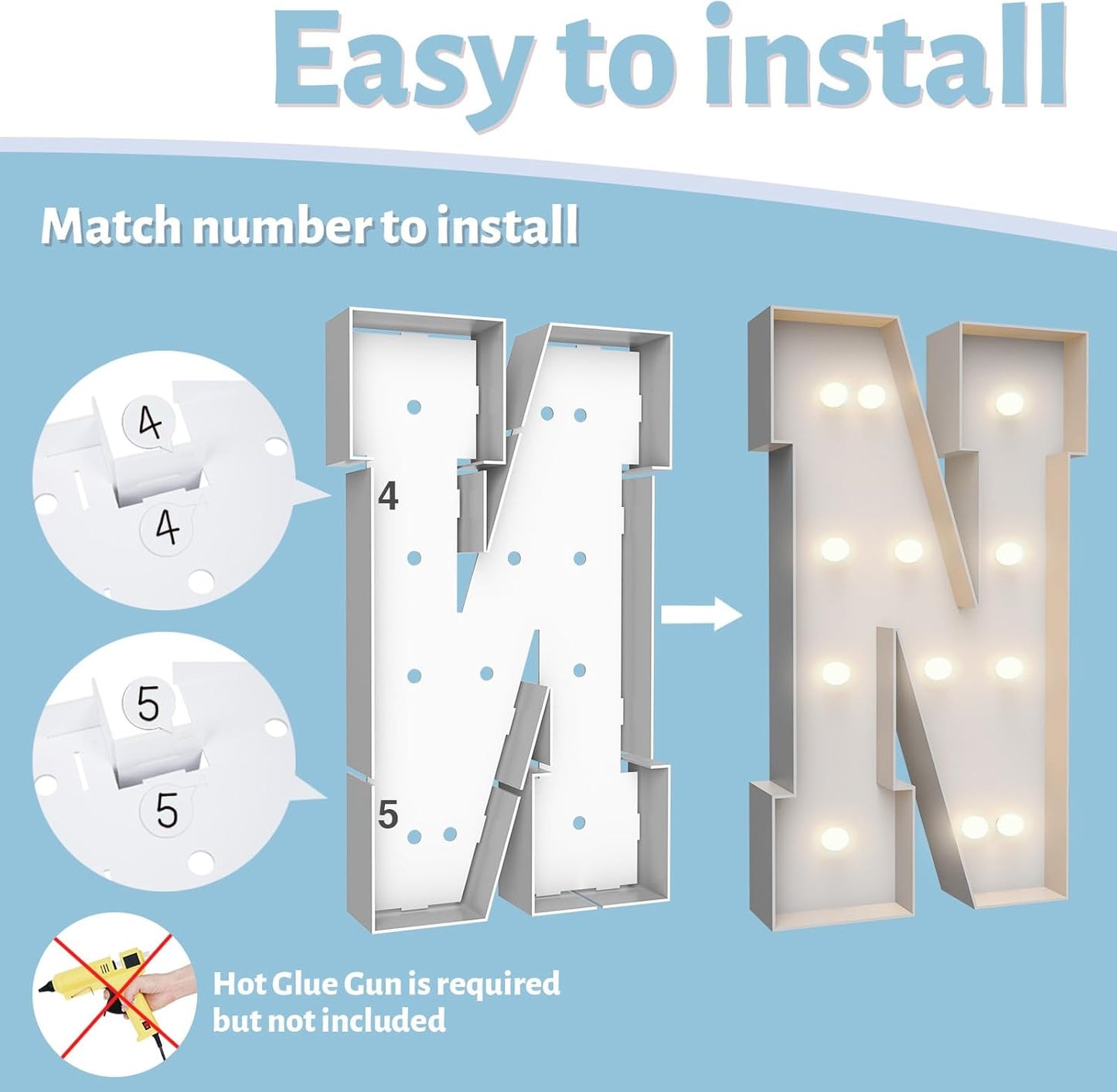 4FT Marquee Light Up Letters N,Party Decoration Large Marquee Light Up Letters with Weighted Water Bag,Pre-cut Foam Board Set Can Be Used for Birthdays,Weddings,Baby Anniversaries