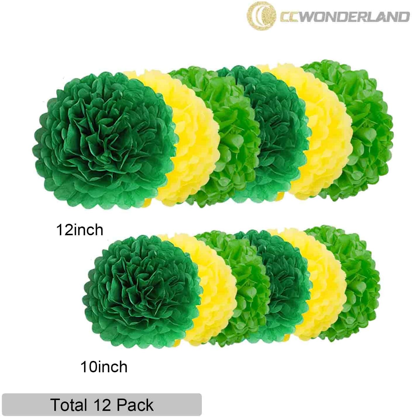 Dark Green and Light Green and Yellow Paper Pom Poms - Party Tissue Paper Flowers Balls - Party Hanging Decoration Supplies - Size of 10inch, 12inch, Pack of 12