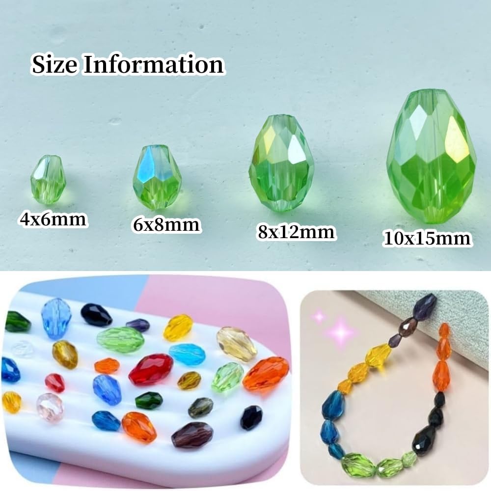 200pcs 4x6mm Teardrop Crystal Glass Beads Vertical Hole Faceted Glass Teardrop Spacer Beads for Bracelets Necklace Earring DIY Jewelry Making Craft(Light Green AB)