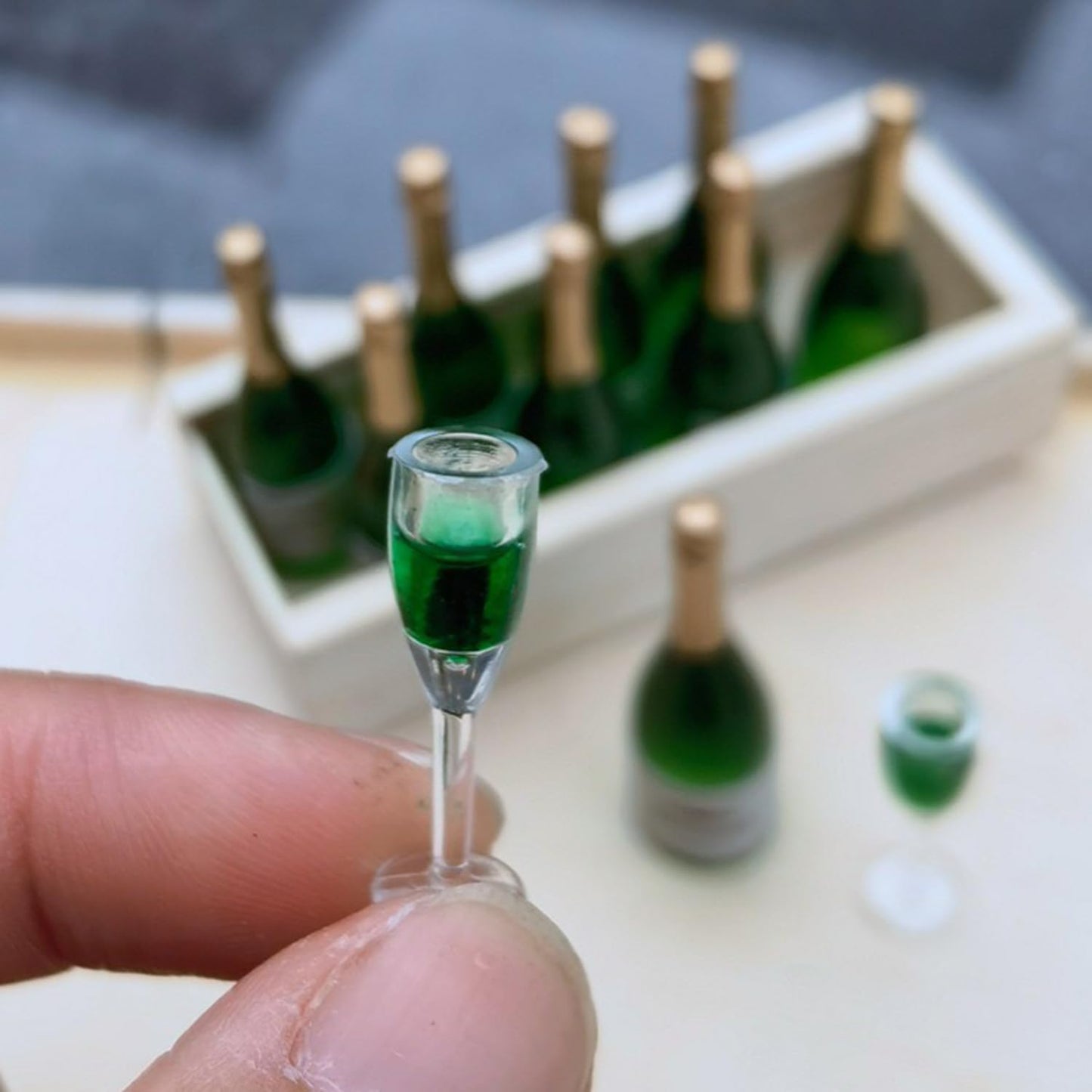 Miniature Champagne Bottle with 2 Glasses, 1:12 Dollhouse Decor, Green Resin, 1 Champagne Bottle with 2 Glasses