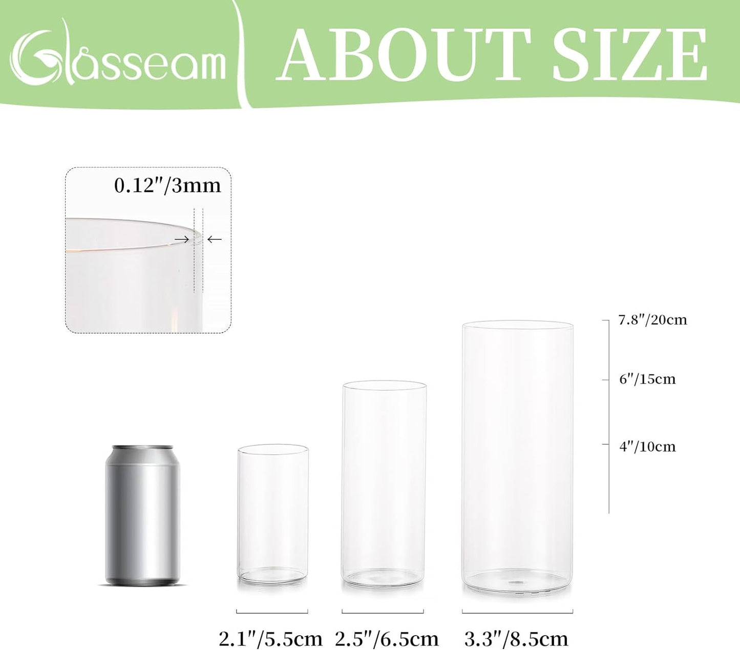 Glasseam Cylinder Vases Set of 12, Hurricane Candle Holder Clear Different Sizes, Modern Glass Cylinder Vase, Glass Vases for Centerpieces for Home Decor Wedding Centerpieces, Events, 4''+ 6''+7.8''