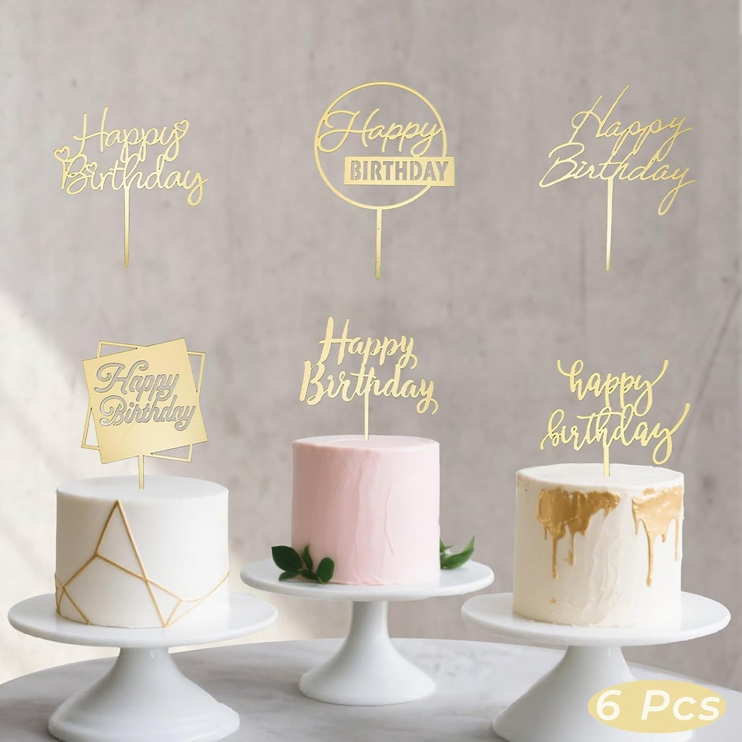 6-Pack Acrylic Birthday Cake Toppers, Minimalist Gold Happy Birthday Sign for Cake Decorations