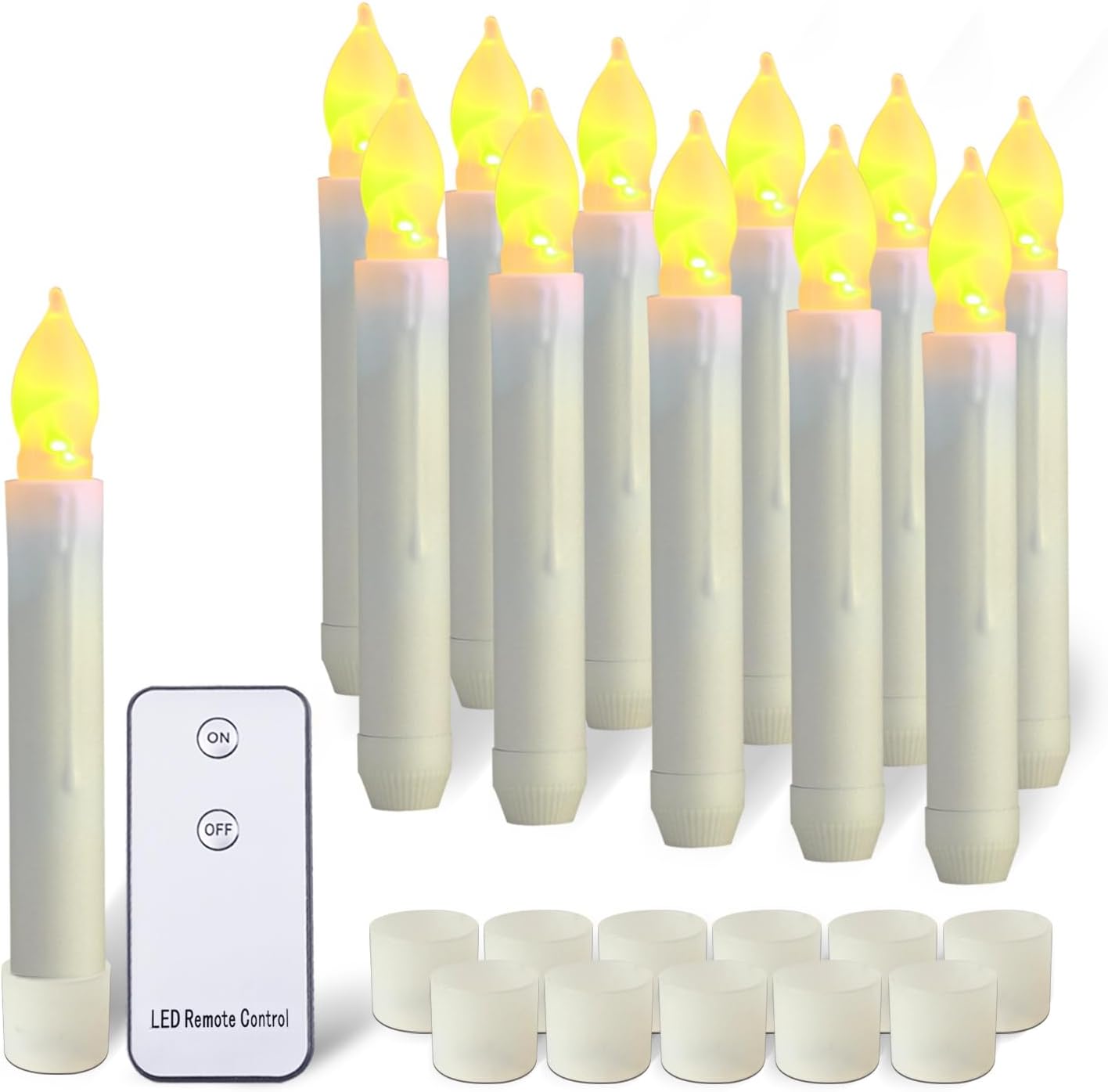 Amagic 12pcs Batteries Operated Taper Candles with Remote, Warm White Flickering Light, Flameless Handheld Candles Floating, Led Hanging Candlesticks for Party Halloween Christmas Church Home