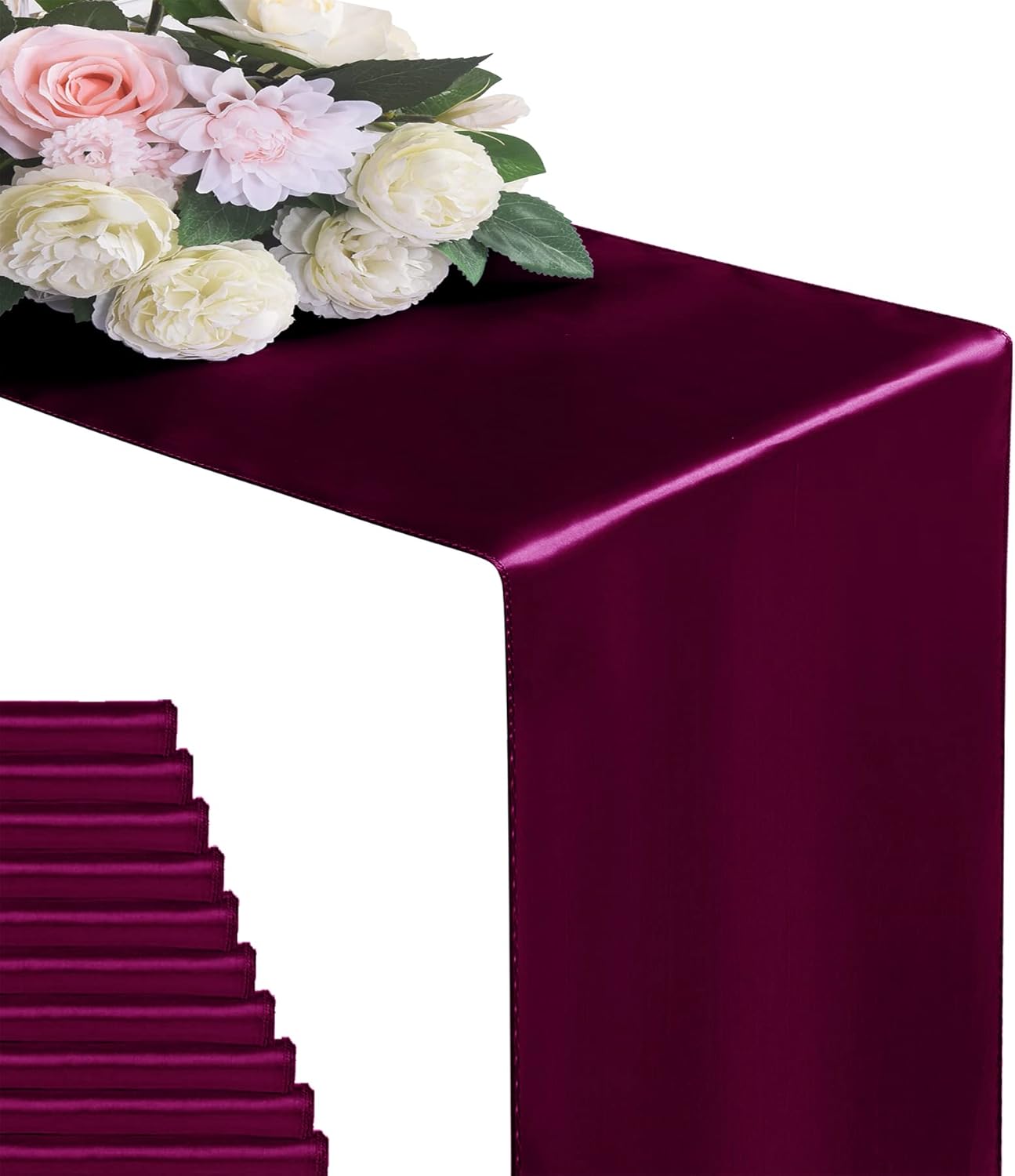 12Pack Table Runner 12 x 108 Inches Satin Silk Table Runner for Wedding, Birthday Party, Banquets, Graduations Decoration, fit Rectange and Round Table-Burgundy