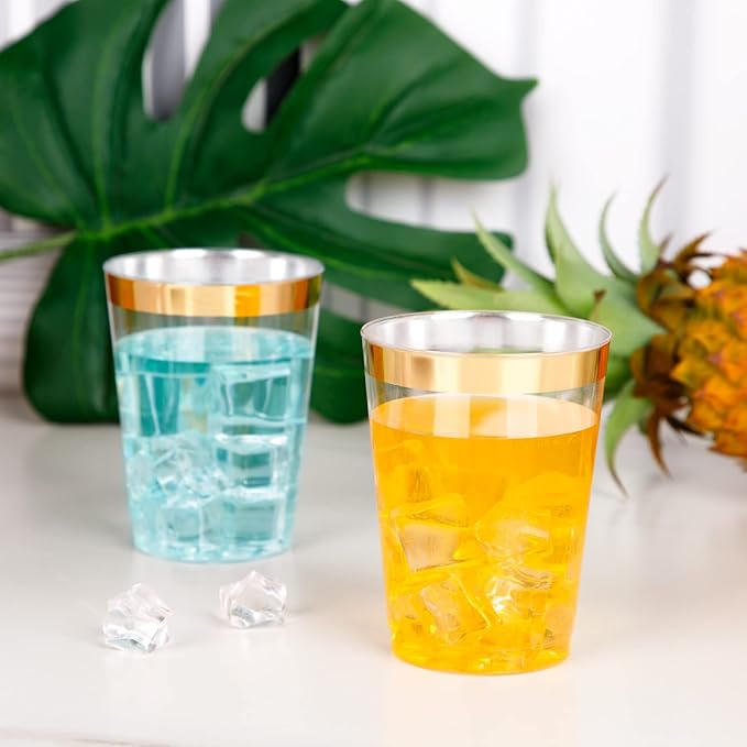 I00000 200 Pack Gold Plastic Cups, 10 oz Clear Plastic Cups Gold Rimmed Disposable Wine Glasses Fancy Disposable Party Cups Wedding Cup Drinking Tumblers Cocktail Glasses with Gold Rim
