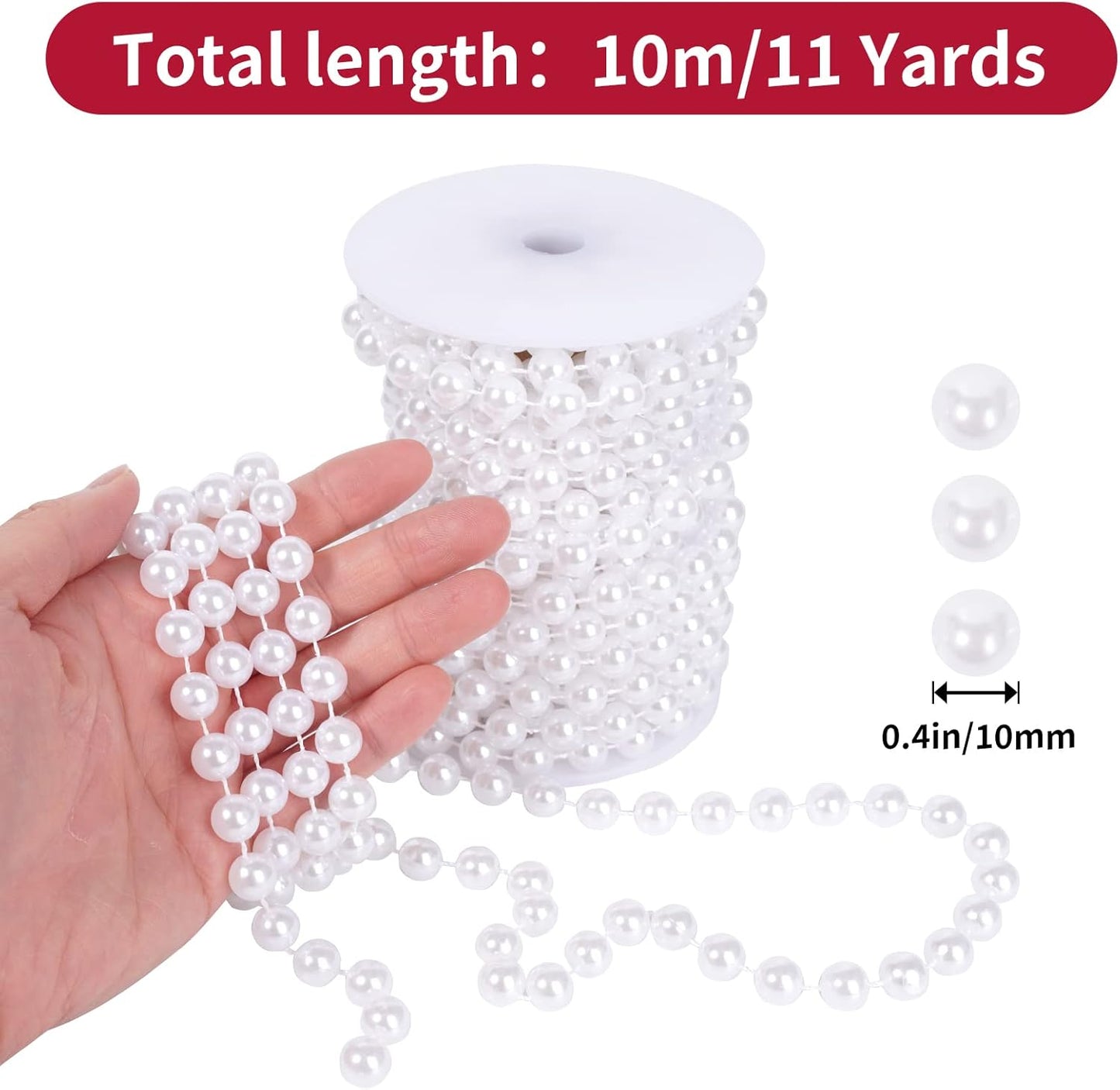 Faux Pearl Beads Garland - 10mm Christmas Tree Beads, 11 Yards White Pearl Strands Spool for Wedding Party & Christmas Tree Decoration