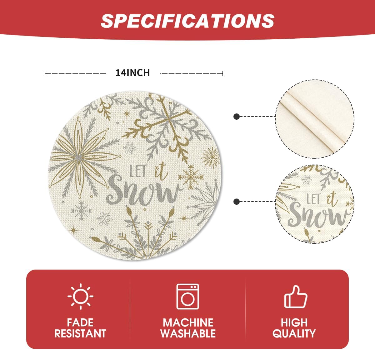 Artoid Mode Beige Snowflake Let It Snow Winter Placemats Set of 8, 14 Inch Seasonal Christmas Xmas Round Table Mats for Dining Decoration