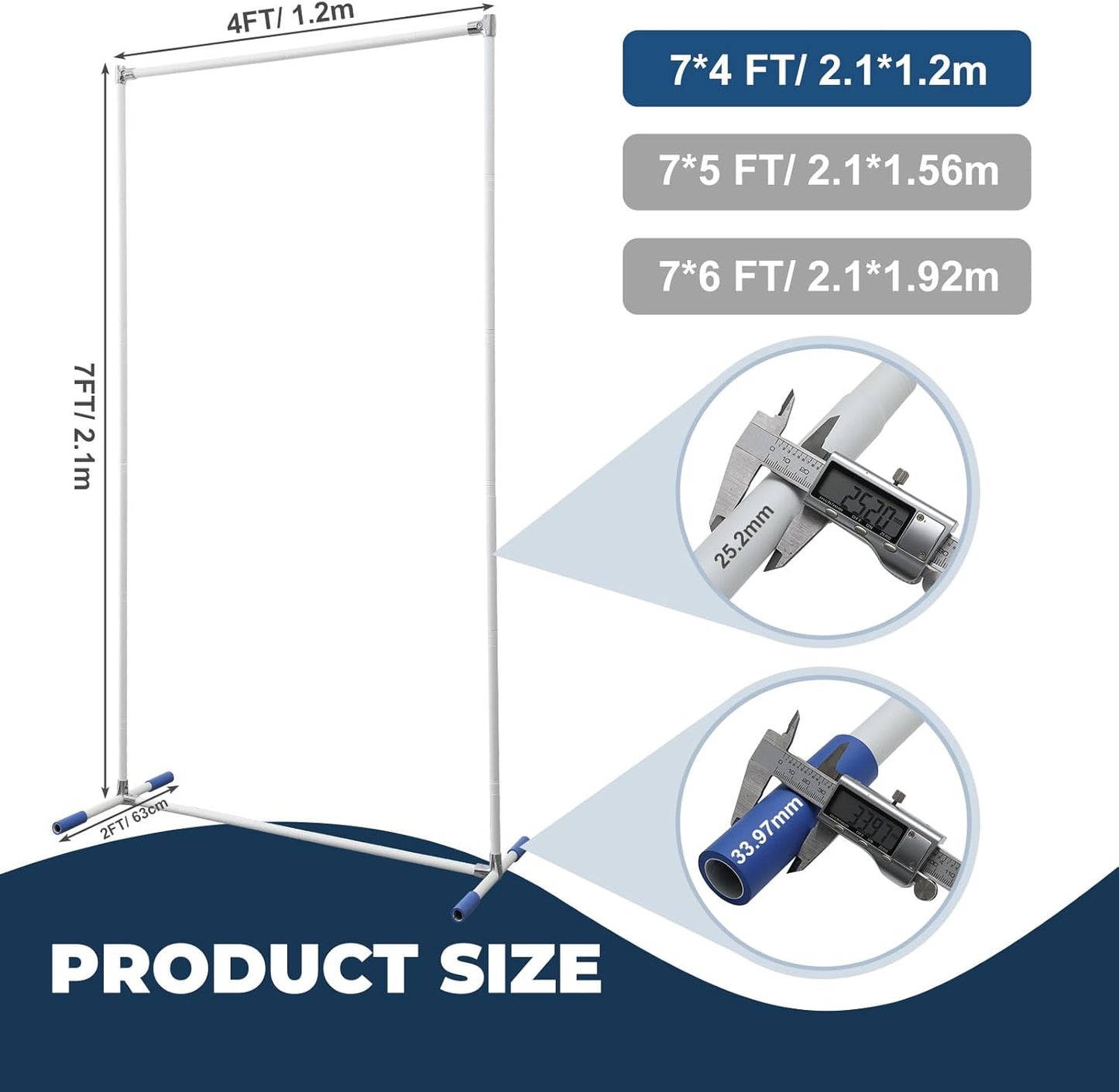 Heavy Duty Backdrop Stand 7*4FT, Extra-Long Adjustable Legs for Backdrop/Wedding Decor, Rustproof & Portable Frame for Party/Event/Home Decoration (White)