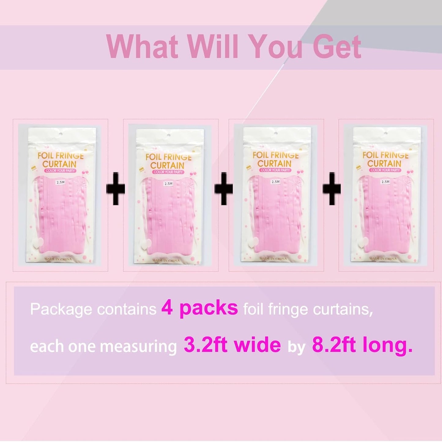 Pastel Pink Birthday Decorations - 4 Pack of 3.2x8.2ft Pink Foil Fringe Curtains Streamers Backdrop for Birthday Valentines Party Decoration