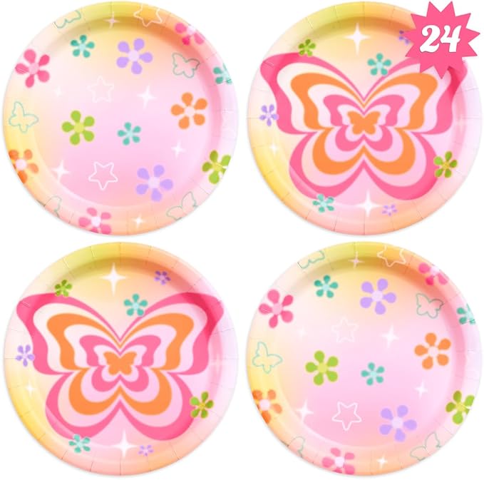 xo, Fetti Groovy Y2K Paper Plates, 2 Designs | 24 pcs 9" | Butterfly Kids Party Decorations, Girls Bachelorette Supplies, Rainbow Birthday Tablescape, Pastel Flower Decor