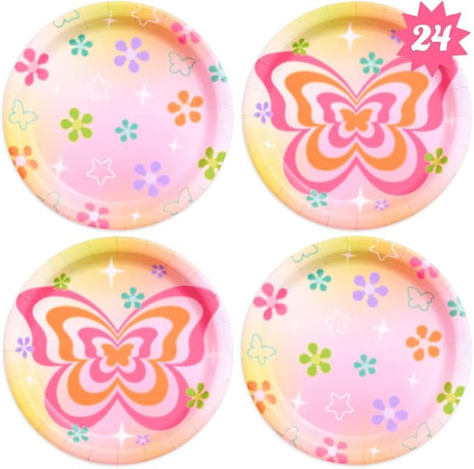 xo, Fetti Groovy Y2K Paper Plates, 2 Designs | 24 pcs 9" | Butterfly Kids Party Decorations, Girls Bachelorette Supplies, Rainbow Birthday Tablescape, Pastel Flower Decor