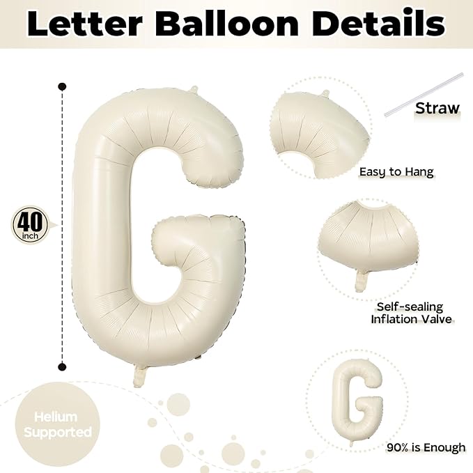 40 Inch Cream Girl Balloons, Large Beige Neutral Letters With Ribbon, Ivory White Sand for Her Birthday Baby Shower or Gender Reveal Party Decoration Supplies