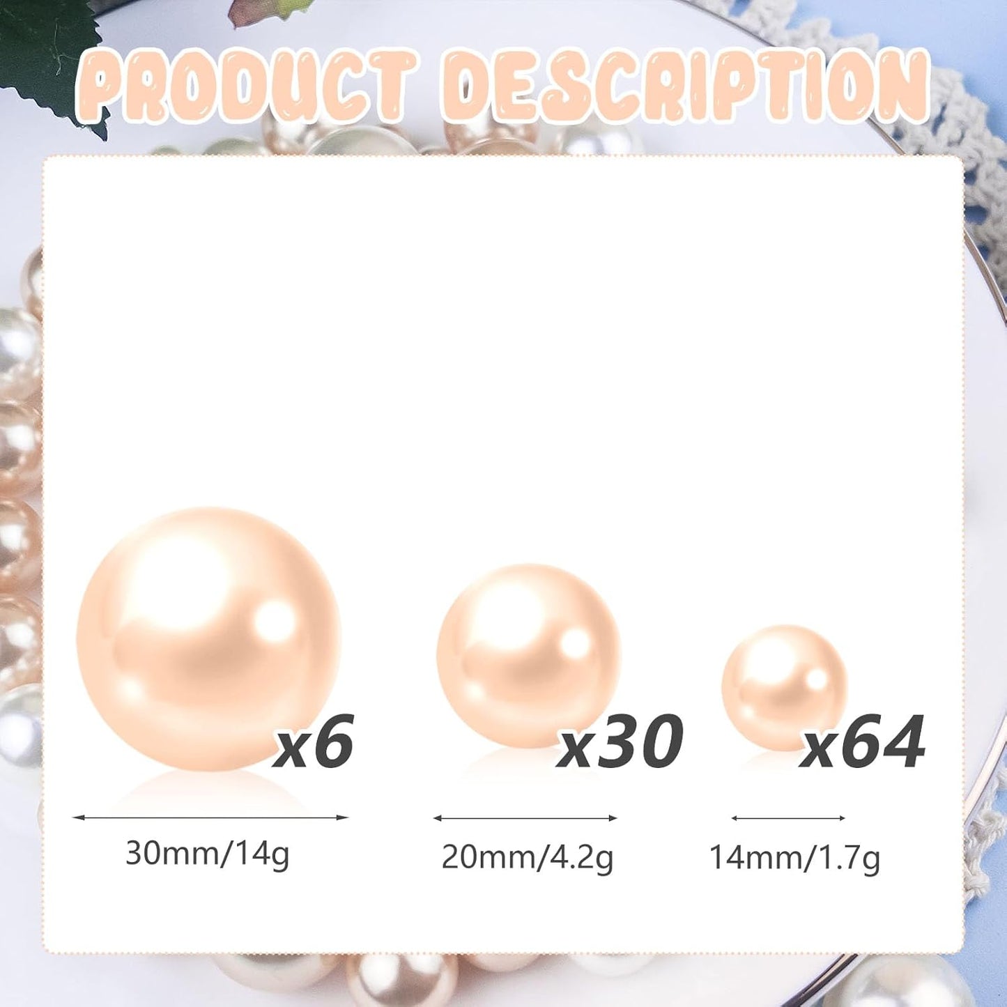 100PCS Light Champagne Faux Pearls Beads for Centerpiece Vases, Vase Filler Faux Pearls, No Holes Filler Beads for Party Anniversary Birthday Wedding Table Decor, 14/20/30mm