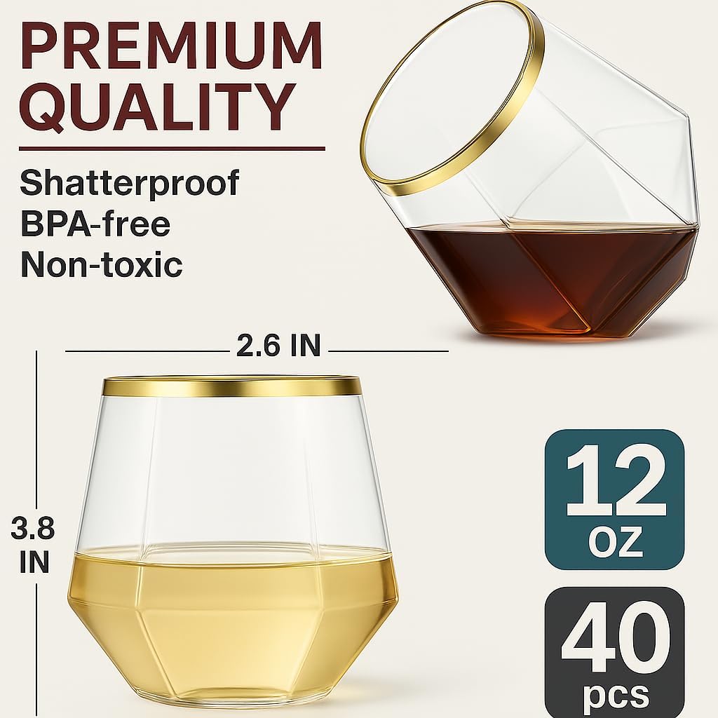 40 count Diamond Unbreakable Stemless Plastic Wine Champagne Whiskey Glasses Elegant Durable Disposable Indoor Outdoor Ideal for Home, Office, Bars, Wedding, 12 Ounce Cups Gold Rim (Gold)
