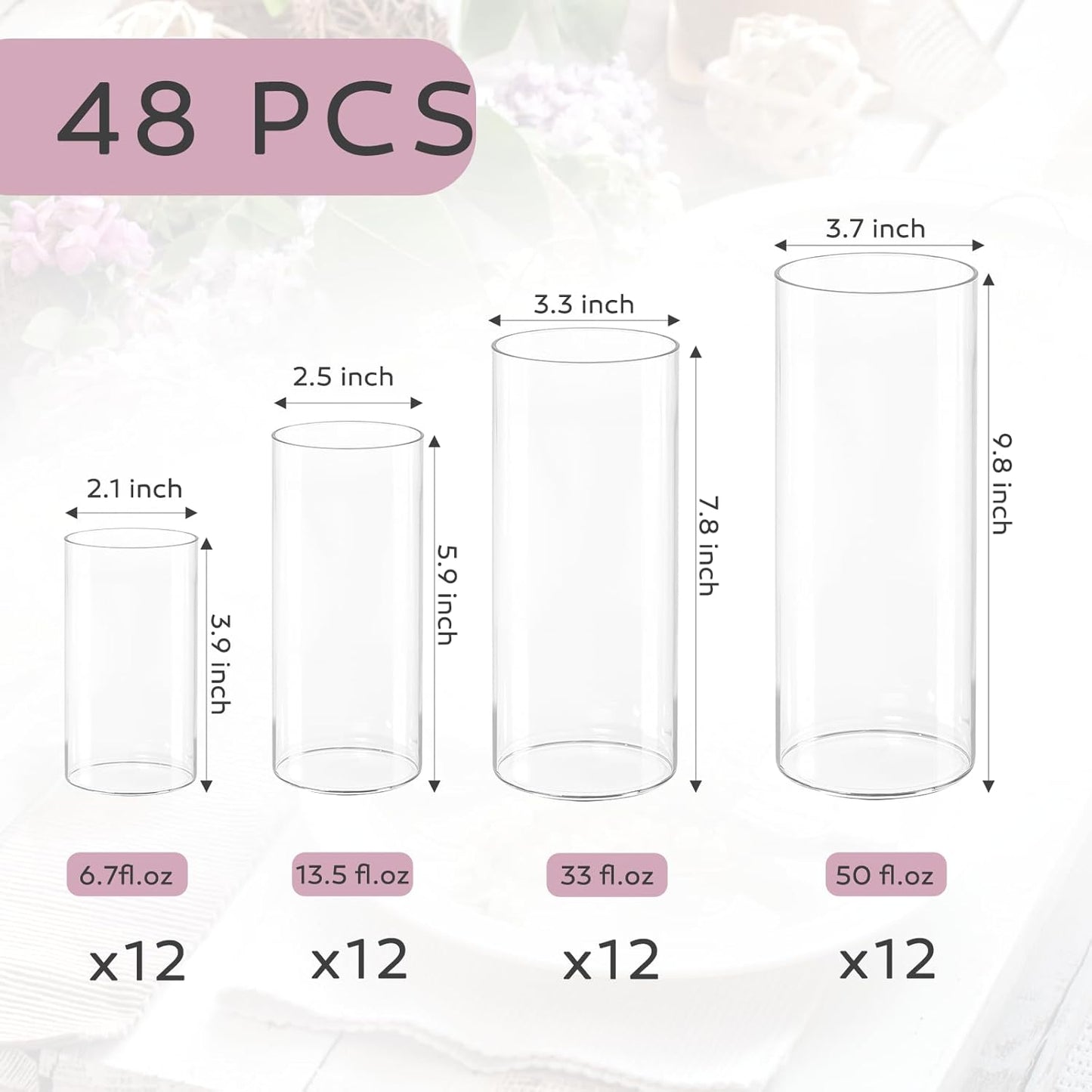 48 Pcs Glass Cylinder Vases Set (4/6/8/10 Inch) – Modern Flower Vases for Centerpieces, Bud Vase Arrangements & Floating Candles – Wedding/Christmas/Home Decor Essentials