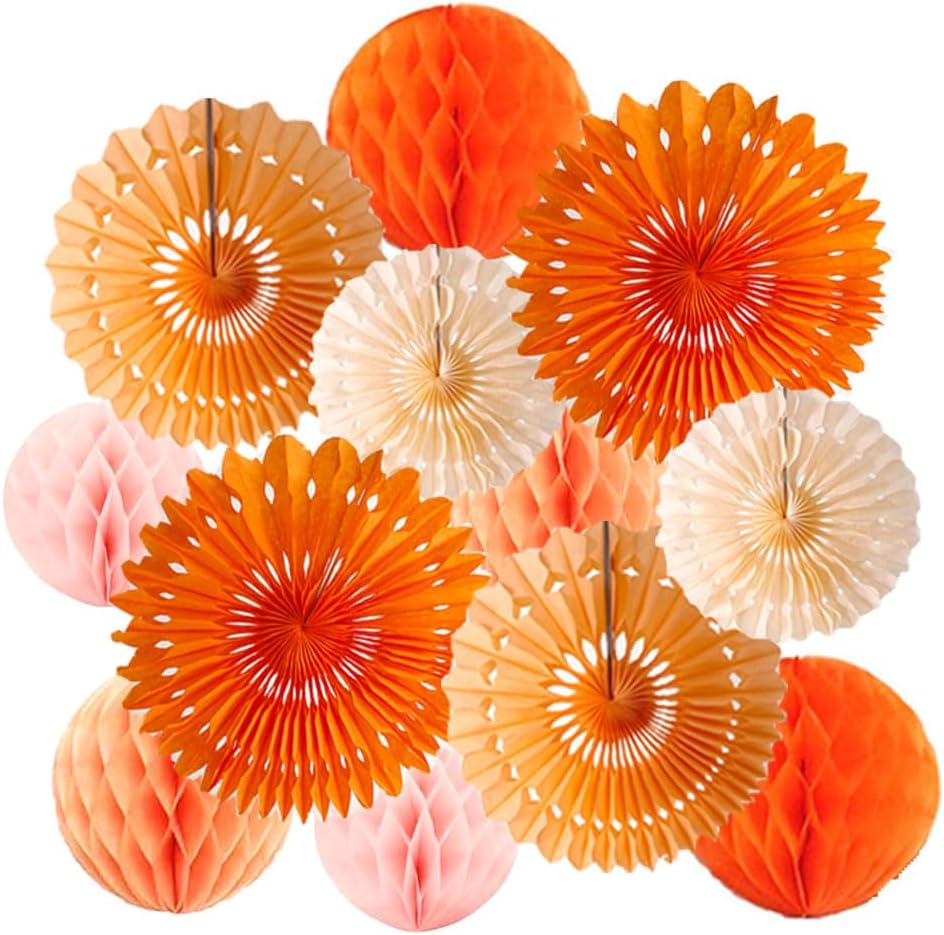 12pcs 6’’ 8’’ Honeycomb Balls Tissue Paper Fans Party Honeycomb Ball Fans Wall Tissue Pom Poms Flower Balls Hanging Paper Fans for Party Baby Shower Birthday Wedding Nursery Wall Decor(Orange kit)