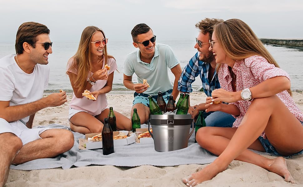 Insulated Ice Bucket with Lid & Scoop-XL Double-Walled, bar Essentials for Entertaining, Holiday Party, Stainless Steel Wine Chiller, Beverage Tub with Handle, Bottle Opener, Great Gift(Steel Black)