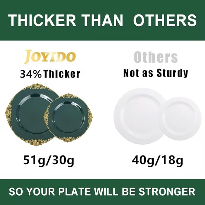 125PCS Green and Gold Plastic Plates - Fancy Green Disposable Plates - Vintage Plate with Gold Plastic Silverware Set for 25 Guests for Party Wedding Holiday