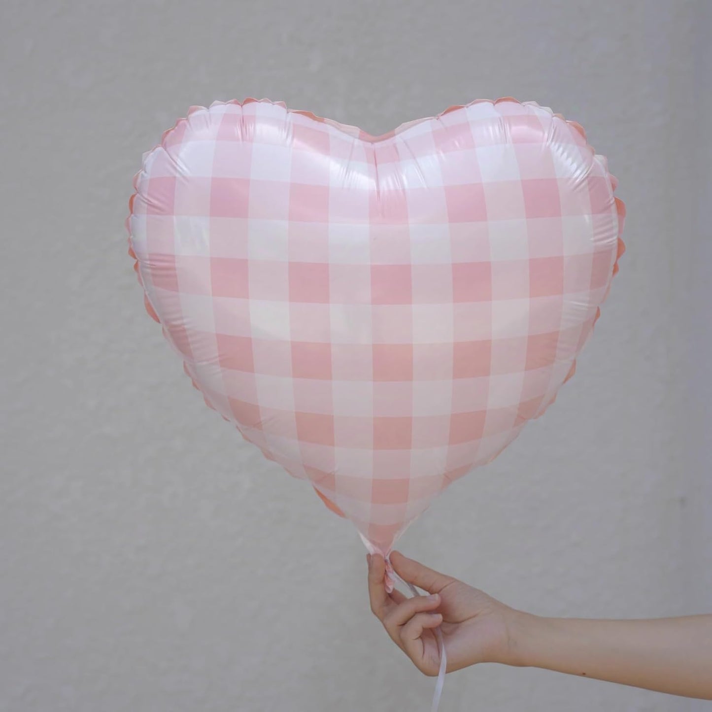Pink White Checkered Heart Balloons,12Pcs 18Inch Light Pink Grid Heart Shaped Foil Helium Polyester Film Balloons for One Silly Goose Birthday Baby Shower Party Decorations