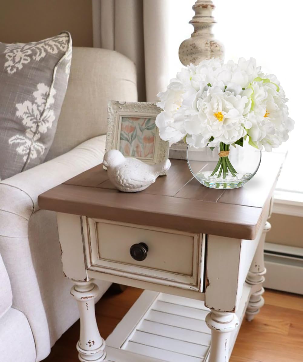 Fake Flowers in Vase White Peonies Artificial Flowers Real Touch Faux Flowers Large Peony Silk Flower Arrangements with Glass Vase with Faux Water for Home Decor Office Table Centerpiece Decorations