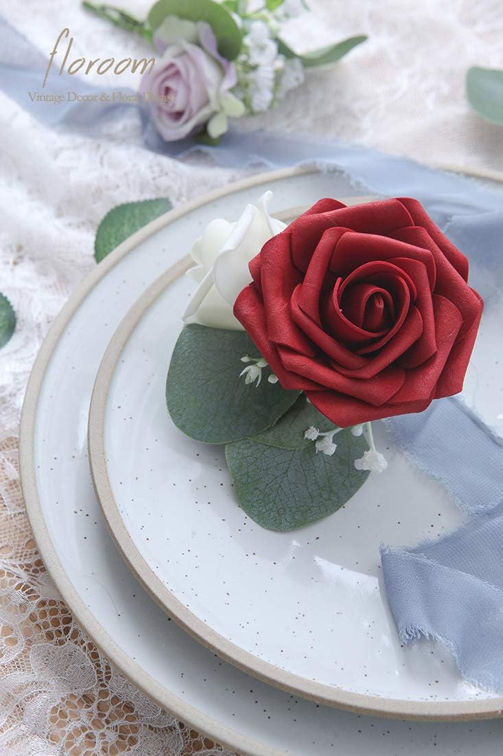 Floroom Artificial Flowers 25pcs Real Looking Dark Red Foam Fake Roses with Stems for DIY Wedding Bouquets Bridal Shower Centerpieces Party Decorations