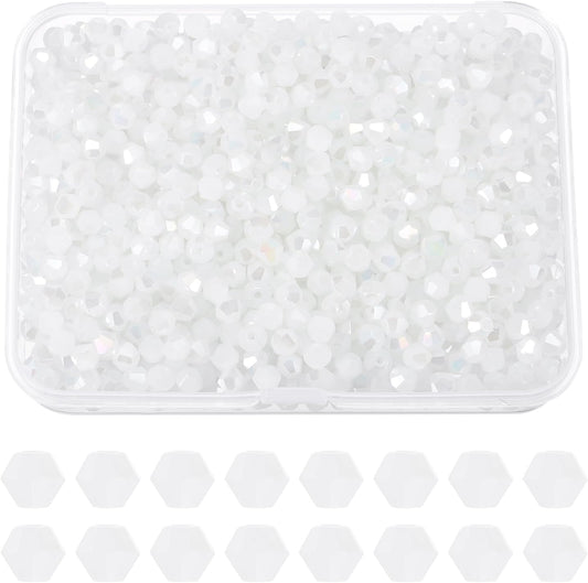 PATIKIL 1000pcs 3mm Bicone Glass Crystal Beads, Faceted Glass Spacer Beads with Box for Jewelry Making Bracelet Necklace Earrings DIY Suncatcher Craft, Pure White AB